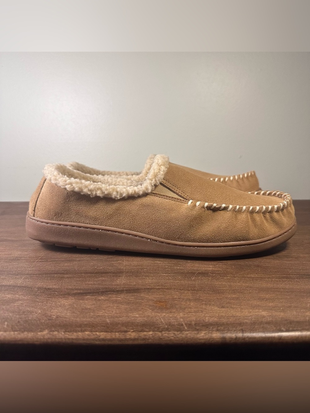 Minnetonka Sam Slipper Moccasins 41791 Men’s 14 Brown Leather Sherpa Lined